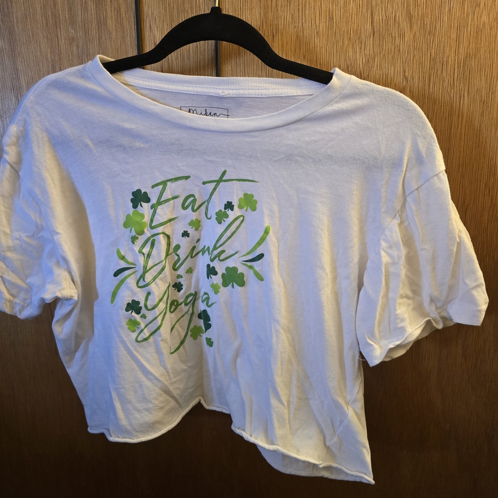 Miken White Tee with Bright and Dark Green Shamrock Print
